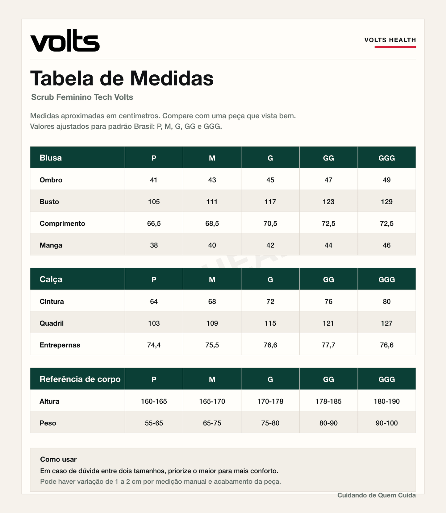 Tabela de Medidas do Scrub Feminino Tech Volts com tamanhos P, M, G, GG e GGG