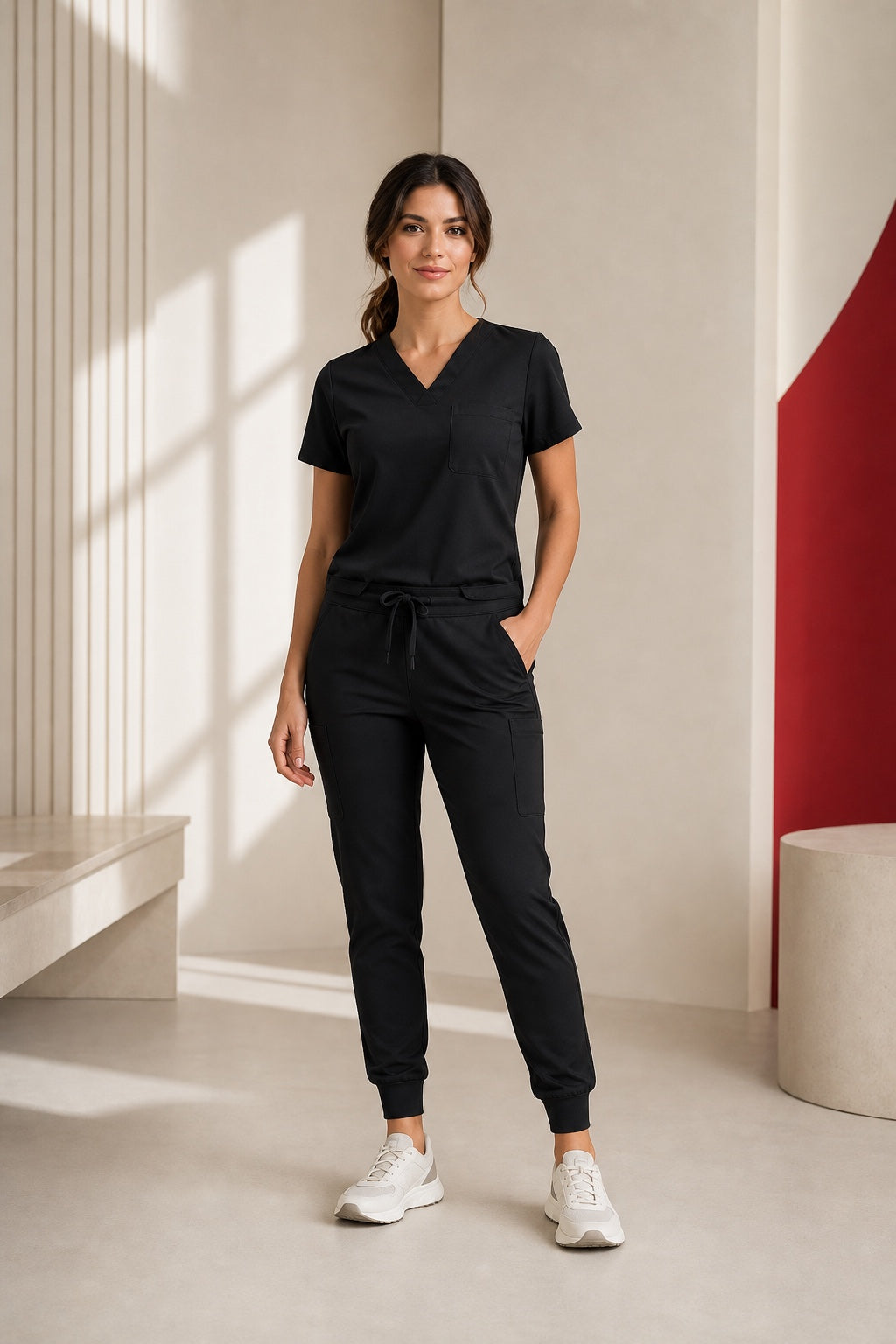 Scrub Feminino Tech Volts preto em look completo com blusa gola V e calça com cós ajustável