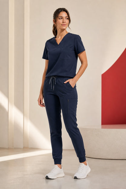 Scrub Feminino Tech Volts azul-marinho com blusa gola V, cós ajustável e bolso cargo