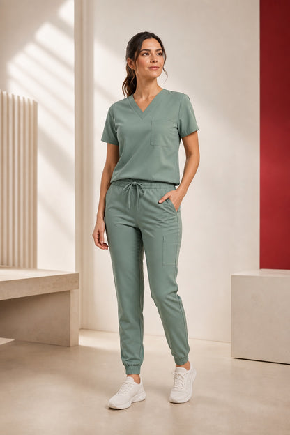 Scrub Feminino Tech Volts verde com blusa gola V e calça com bolsos funcionais