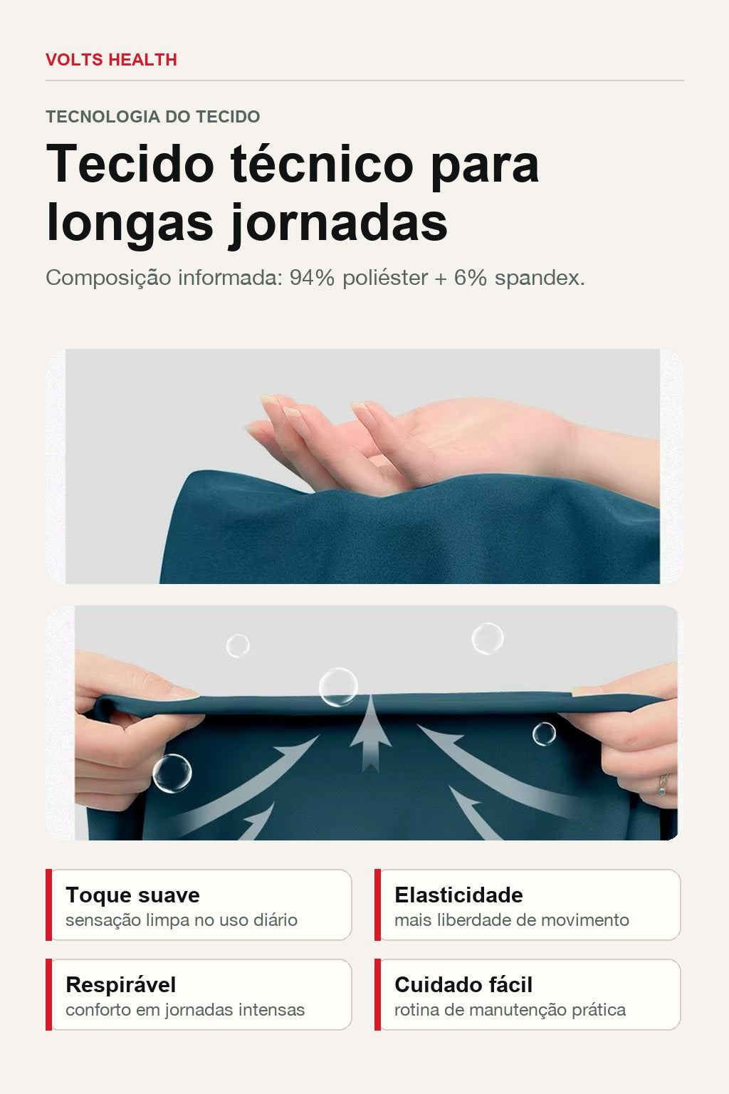 Tecido técnico do Scrub Feminino Tech Volts com composição informada de poliéster e spandex