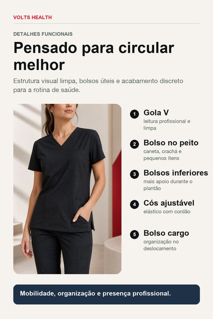 Diferenciais funcionais do Scrub Feminino Tech Volts com gola V, bolsos e cós ajustável