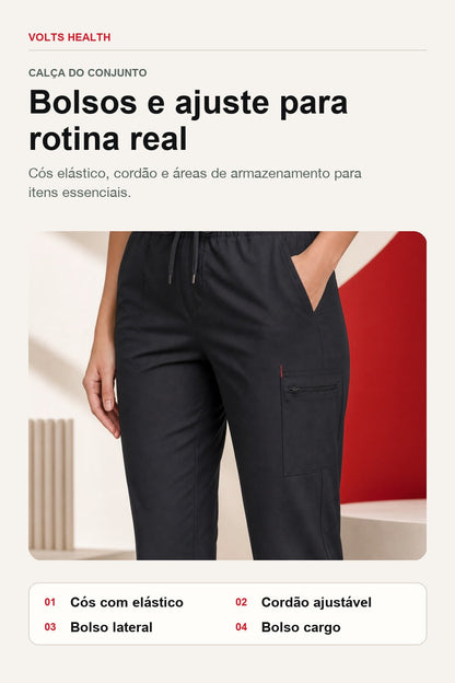 Detalhes da calça do Scrub Feminino Tech Volts com cós elástico, cordão e bolsos funcionais