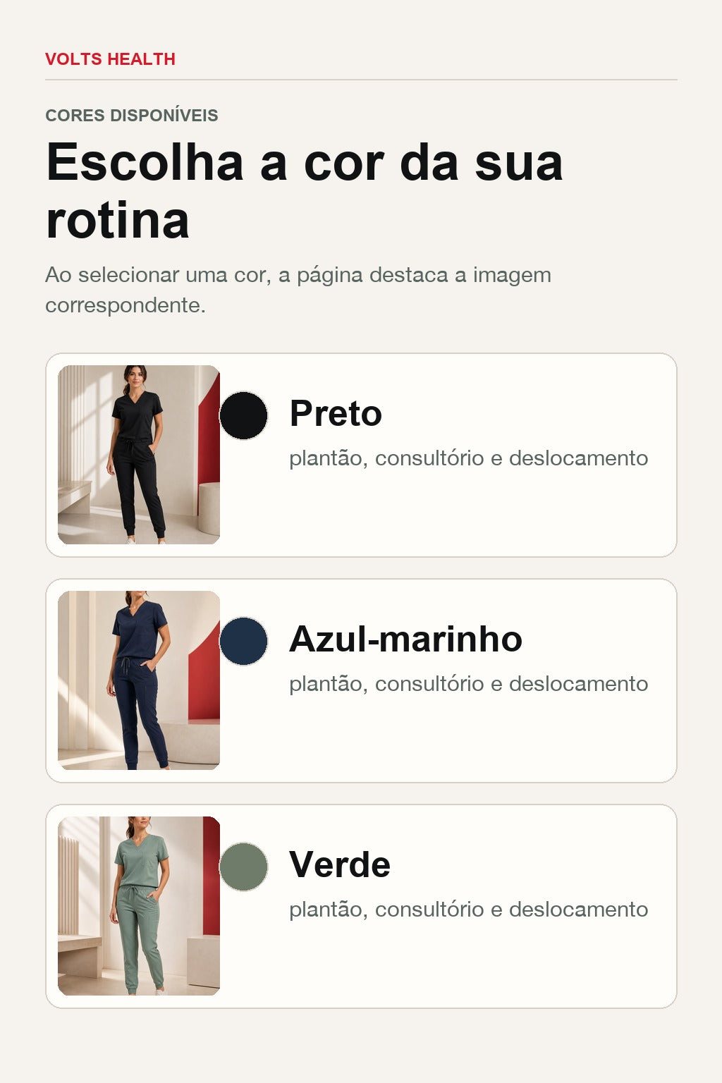 Cores do Scrub Feminino Tech Volts em preto, azul-marinho e verde
