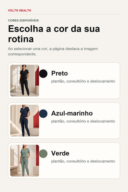 Cores do Scrub Feminino Tech Volts em preto, azul-marinho e verde