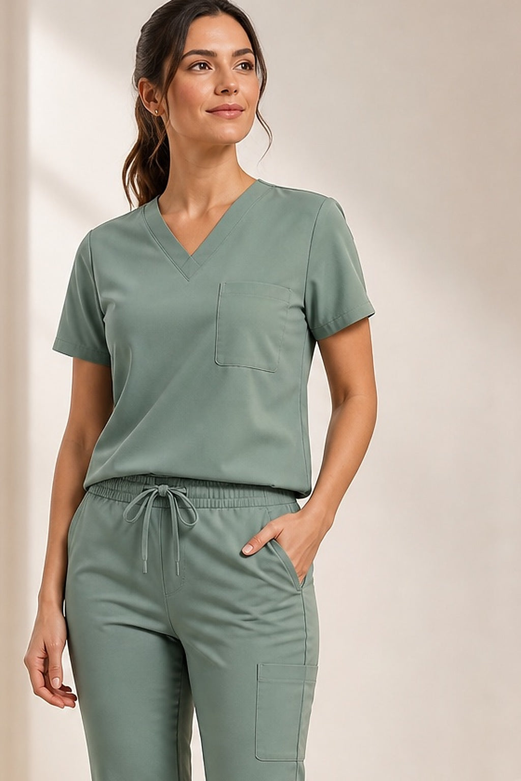Detalhe da blusa verde do Scrub Feminino Tech Volts com gola V, bolso no peito e acabamento limpo