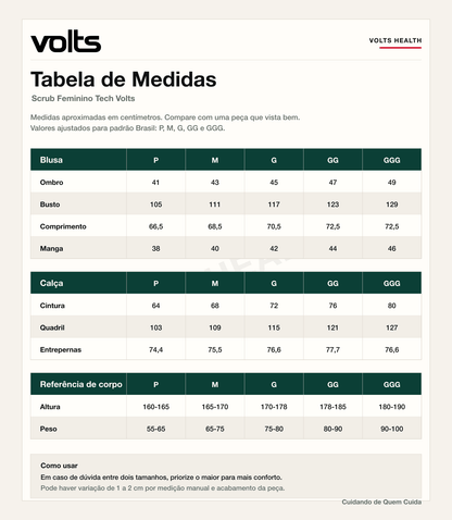 Tabela de Medidas do Scrub Feminino Tech Volts com tamanhos P, M, G, GG e GGG